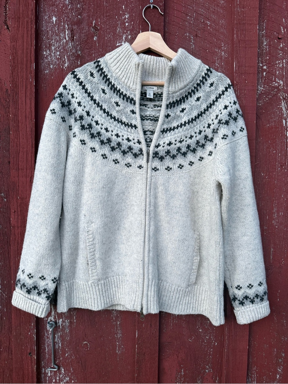 Vtg Women LL BEAN Norwegian Style WOOL Fair Isle SWEATER Full Zipper XL